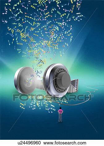 Stock Image - Music notes coming out of headphones . Fotosearch