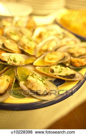 Stock Photo - Mussels on a Platter. Tokyo Prefecture, Japan. Fotosearch