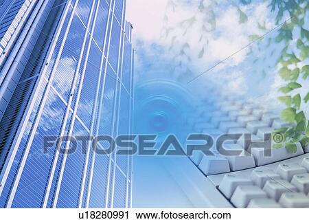Stock Image - Office building and computer keyboard - digital composite. Fotosearch
