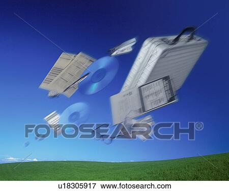Stock Photo - Office items flying through the air. Fotosearch