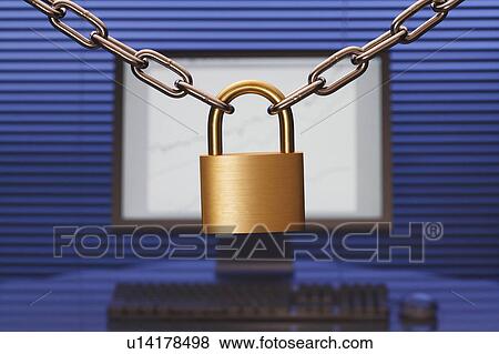 Stock Photo - Pad lock in front of desktop PC. Fotosearch