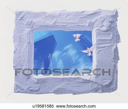 Stock Photography - Painted frame with doves and city skyscrapers. Fotosearch
