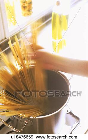 Pasta being put in pan of water View Large Photo Image Stock Photo - Pasta being put in pan of water. Fotosearch
