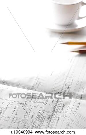 Picture - Pencils and cup of coffee on blueprint. Fotosearch