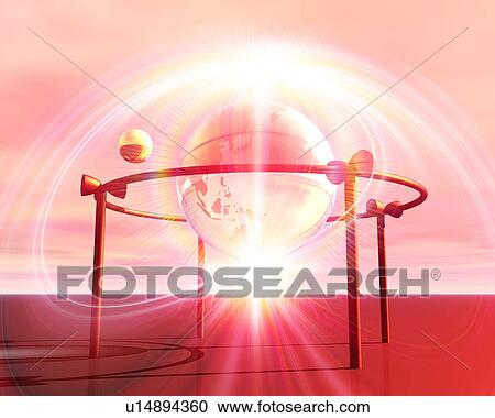 Stock Image - Pink globe surrounded by a frame and streaks of light. Fotosearch