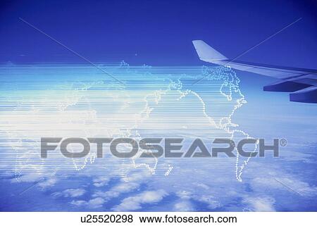 Plane flying over clouds and illuminated map of earth View Large Photo Image Stock Photo - Plane flying over clouds and illuminated map of earth. Fotosearch