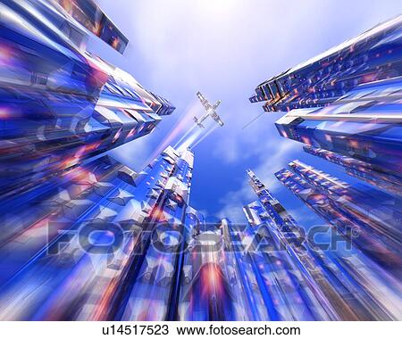 Stock Image - Plane flying over futuristic city buildings. Fotosearch