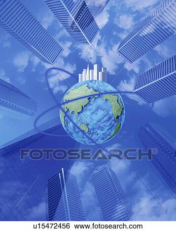Stock Photograph - Planet earth and city skyscrapers. Fotosearch