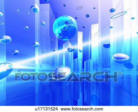 Picture - Planets Circling Around Buildings. Fotosearch