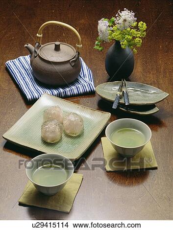 Plate of shi and cups of green tea View Large Photo Image Picture - Plate of shi and cups of green tea. Fotosearch