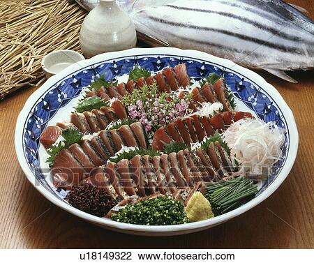 Stock Image - Plate of sliced bonito. Fotosearch