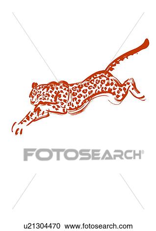 Stock Image - Pouncing Leopard, Red Ink Illustration. Fotosearch