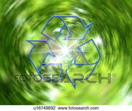Stock Image - Recycling symbol on blurred background. Fotosearch