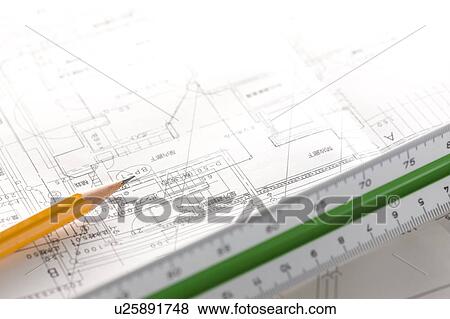 Ruler and pencil on blueprint View Large Photo Image Stock Photo - Ruler and pencil on blueprint. Fotosearch