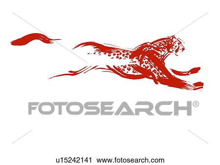 Stock Image - Running Leopard, Red Ink Illustration. Fotosearch