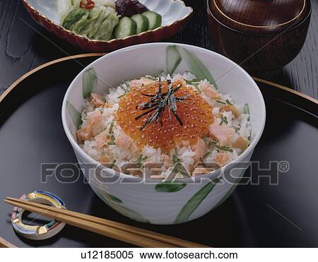 Stock Photography - Salmon and salmon roe on rice in bowl. Fotosearch
