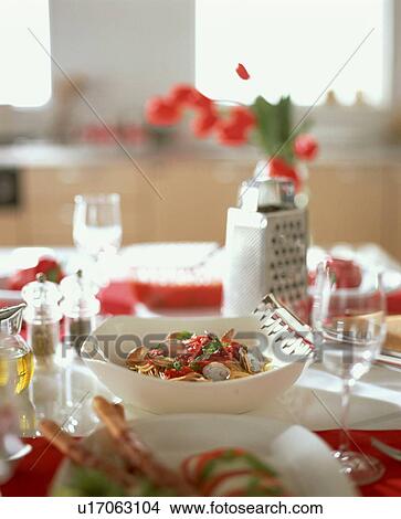 Seafood pasta dish on table View Large Photo Image Picture - Seafood pasta dish on table. Fotosearch