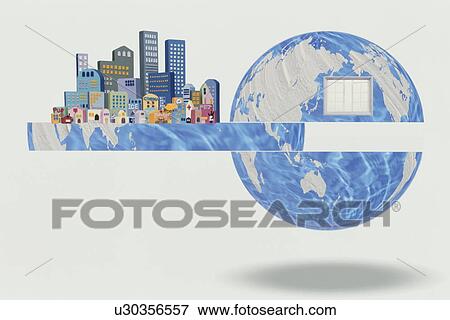 Stock Photo - Section of earth with city on it being removed. Fotosearch
