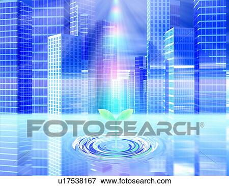 Stock Photo - Seedling Growing in Front of Buildings. Fotosearch