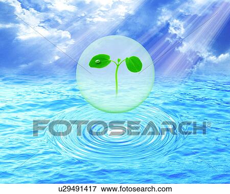 Stock Photo - Seedling in ball over water, computer graphic. Fotosearch