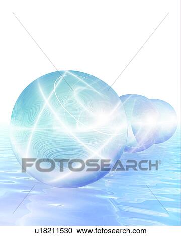 Stock Image - Shining blue spheres floating over water. Fotosearch