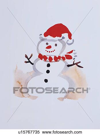 Stock Photography - Snowman wearing Santa hat. Fotosearch