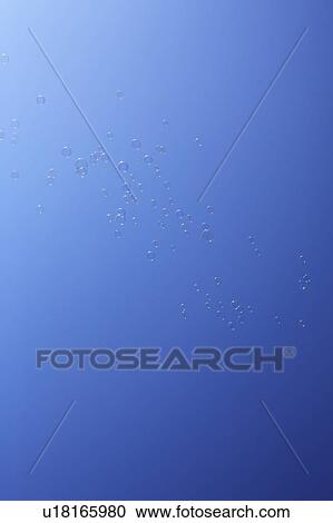 Stock Image - Soap bubbles in sky, blue background, copy space. Fotosearch