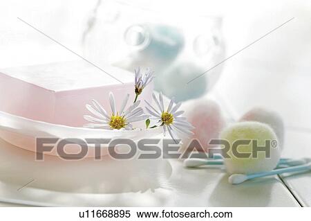 Stock Photography - Soap, cotton balls, and cotton swabs. Fotosearch