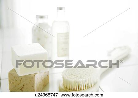 Soaps and brush on floor, close up View Large Photo Image Stock Photo - Soaps and brush on floor, close up. Fotosearch