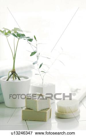 Stock Photo - Soaps and brush on floor. Fotosearch