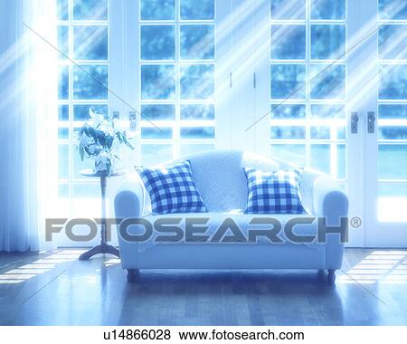 Stock Photo - Sofa in living room, computer graphic, toned image. Fotosearch