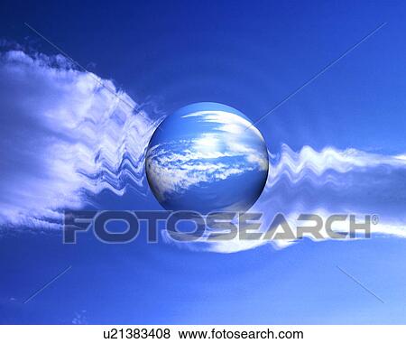 Stock Photo - Sphere and ripples in blue sky with clouds. Fotosearch