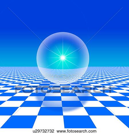 Stock Image - Sphere over checked floor, computer graphic, blue background. Fotosearch