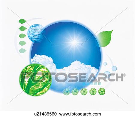 Stock Image - Spheres with sky, tree and water inside. Fotosearch