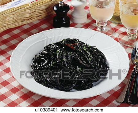 Stock Image - Squid ink Spaghetti. Fotosearch