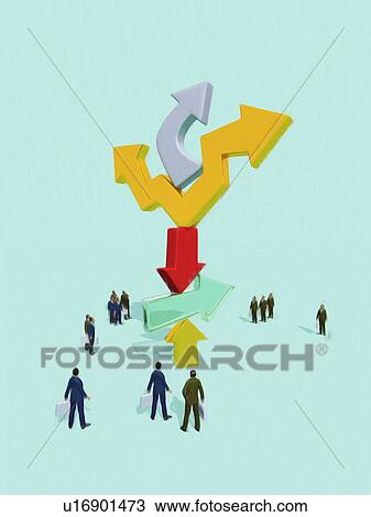 Stock Image - Stack of arrows and businessmen figurines. Fotosearch