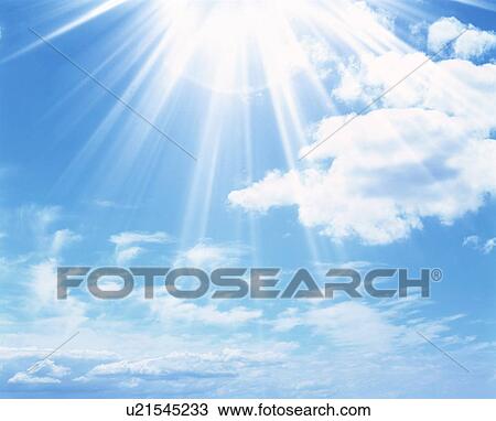 Stock Image - Sun, blue sky and clouds. Fotosearch