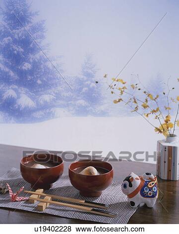 Stock Photo - Sweet red bean soup with mochi, traditional Japanese winter food. Fotosearch