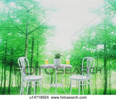 Table and chairs in a forest View Large Photo Image Picture - Table and chairs in a forest. Fotosearch