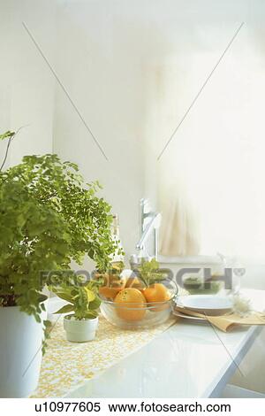 Stock Photography - Table with lemon bowl and pot plant. Fotosearch