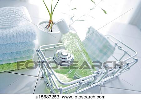 Stock Image - Toiletries and towels. Fotosearch