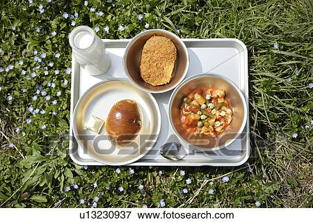 Stock Photo - Tray with dishes on grass. Fotosearch