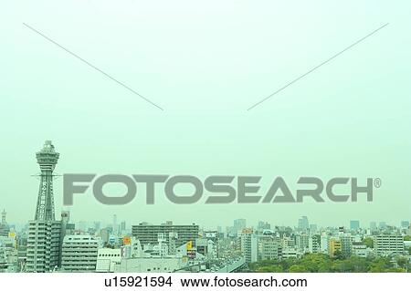 Tsutenkaku and Downtown View Large Photo Image Picture - Tsutenkaku and Downtown . Fotosearch
