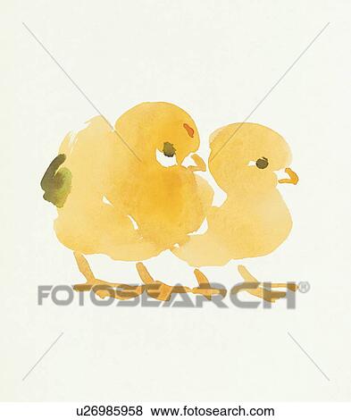 Stock Photo - Two Chicks, Water Color Painting. Fotosearch