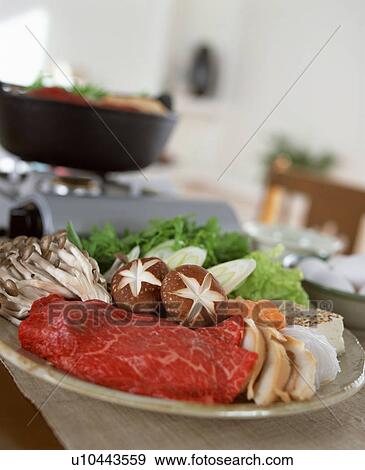 Stock Photo - Uncooked plate of meat, mushrooms and vegetables. Fotosearch