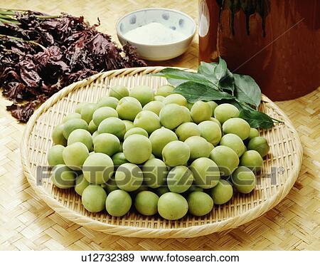 Stock Photo - Unripe plums and beefsteak plants. Fotosearch