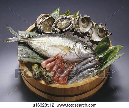 Various seafood in wooden tub, black background View Large Photo Image Stock Image - Various seafood in wooden tub, black background. Fotosearch