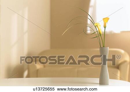 Stock Photography - Vase of flowers in living room with sofa. Fotosearch