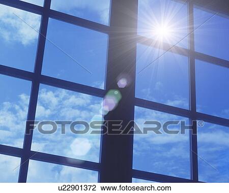 Stock Image - View of sky through window, computer graphic. Fotosearch