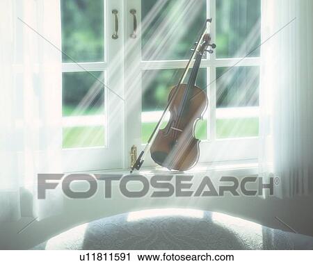 Stock Image - Violin on window sill, computer graphic. Fotosearch